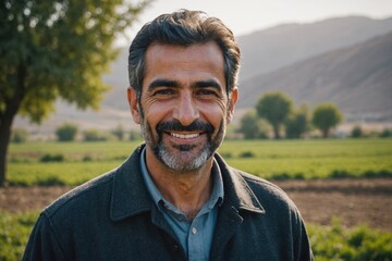 Close portrait of a smiling 40s Iranian male farmer standing and looking at the camera, outdoors Iranian rural blurred background