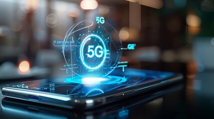 A mobile phone displaying an interactive holographic 5G text icon hovering above it, with ample copy space for text, emphasizing next-gen connectivity.