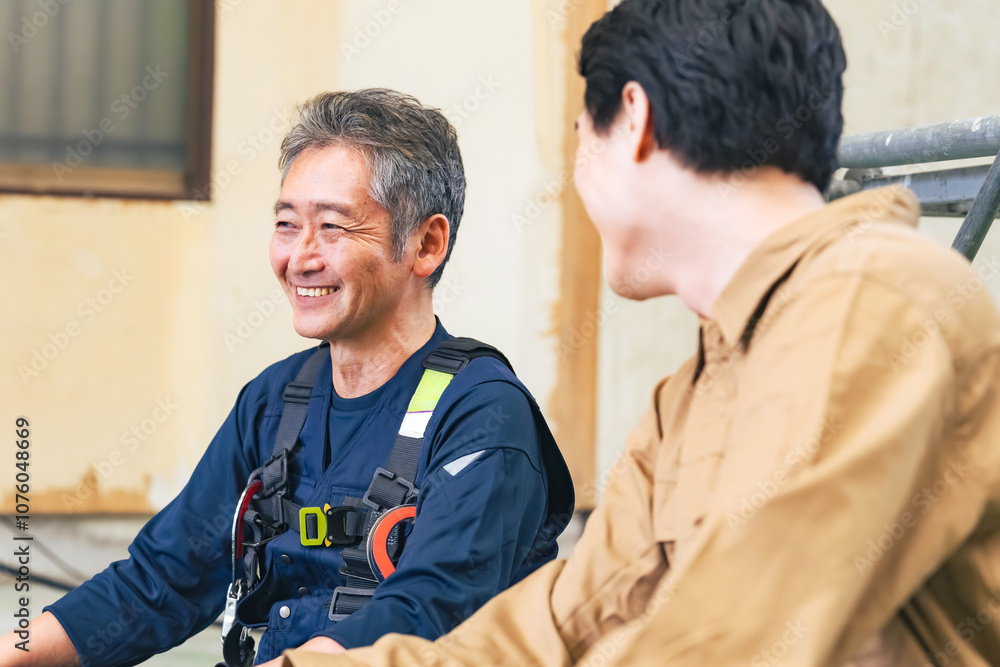 Poster 大工、職人、シニア、男性、日本人、親方、棟梁、工事、建築、現場、休憩、作業員、笑顔、談笑、建設、仕事、労働者、世代交代、後継者、跡継ぎ、事業承継、解体、改装、内装、塗装、施工、業者、中小企業、やりがい、満足、充実、ポジティブ、楽しい、職場、人材、再雇用、インフラ、雇用、鳶職、佐官、工務店、肉体労働、リフォーム、住宅、ベテラン、高齢者、シルバー、リラックス、引退、人物