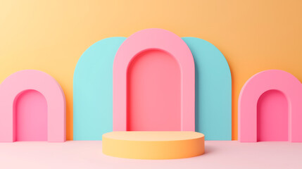 Colorful geometric arches and podium display create a vibrant background for presentations.