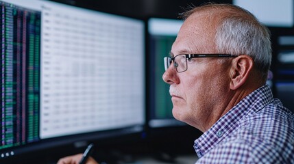 Professional working on a computer with a dual screen setup, focusing on social security benefits data analysis in a modern office environment