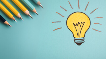 Colorful pencils arranged next to a light bulb illustration on a blue background.