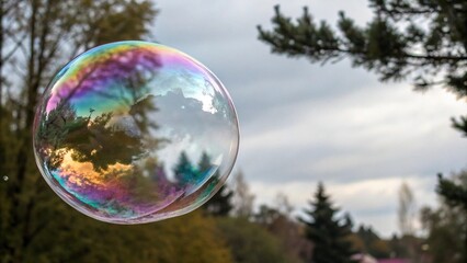 Close-up shot of soap bubble capturing the essence of a celestial realm, swirling patterns, rainbow hues, fantastical scene