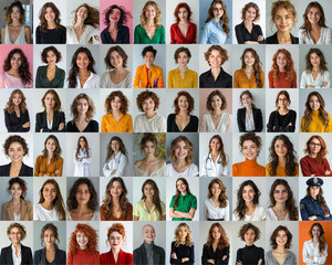 Obraz premium A collage of women aged 20-40 highlights their varied lifestyles and careers, with natural expressions and attire that emphasize individuality against plain backgrounds.