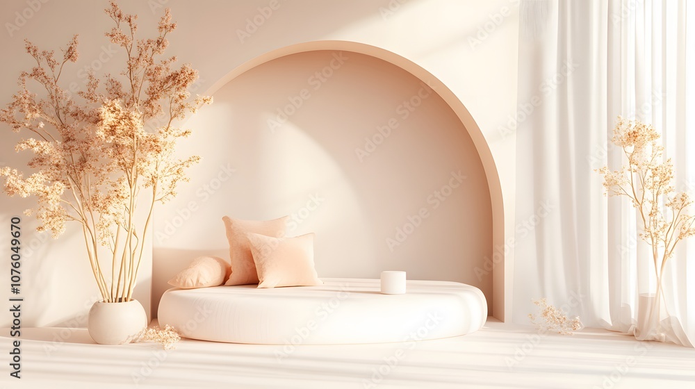 Poster 20. A serene 3D setting with soft pastel lighting and open space for a product to be placed in the center.