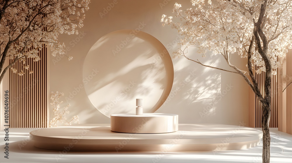 Poster 20. a serene 3d setting with soft pastel lighting and open space for a product to be placed in the c
