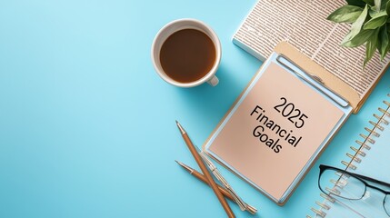 A notebook titled "2025 Financial Goals" rests on a light blue surface alongside a cup of coffee, glasses, and a plant, symbolizing planning and ambition.