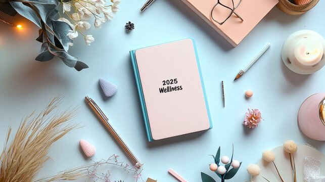 A flat lay of a pastel-themed workspace featuring a notebook, decorative items, and stationery, creating an aesthetic, cozy atmosphere.