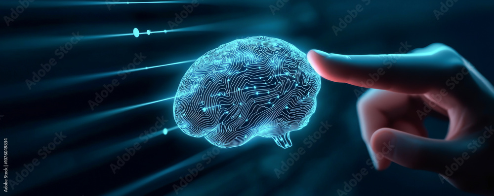 Aufkleber conceptual image of a hand touching a glowing digital brain representation.