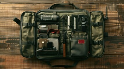 A compact emergency kit is open on a wooden table showcasing essential items such as a flashlight, first-aid supplies, and survival tools
