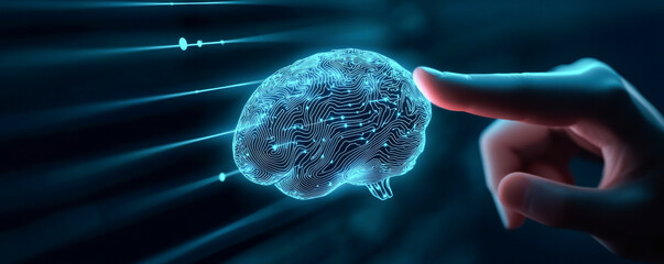 Conceptual image of a hand touching a glowing digital brain representation.