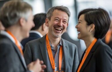 A businessman, dressed professionally, interacts with colleagues at a bustling conference, embodying confidence and collaboration.