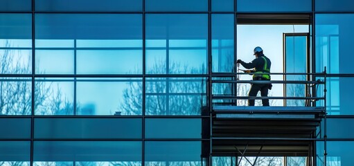 An industrial climber hangs at heights to skillfully and safely perform complex building glass cleaning tasks on buildings and structures