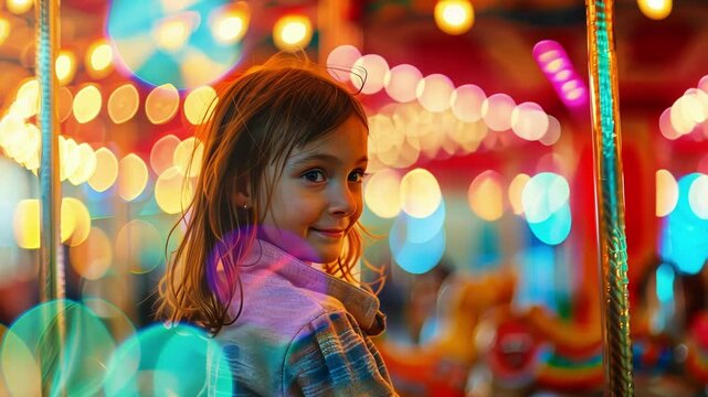 A girl spins on a merrygoround with colorful illustrations of how leptons behave in different energy levels.