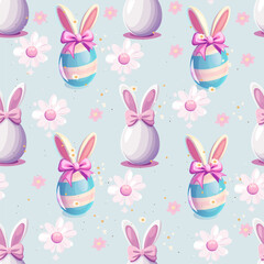 Easter-themed pattern featuring colorful eggs and bunny ears on a white background. Easter Pattern with Colorful Eggs and Bunny Ears on White. Festive Easter Eggs and Bunny Ears Pattern 