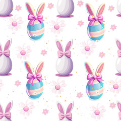 Easter-themed pattern featuring colorful eggs and bunny ears on a white background. Easter Pattern with Colorful Eggs and Bunny Ears on White. Festive Easter Eggs and Bunny Ears Pattern 