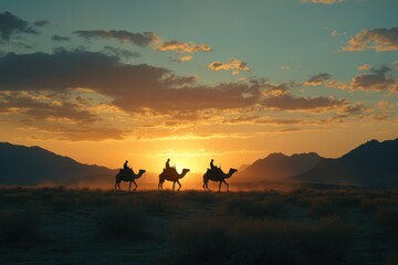 Camel Caravan Silhouetted Against Sunset Sky