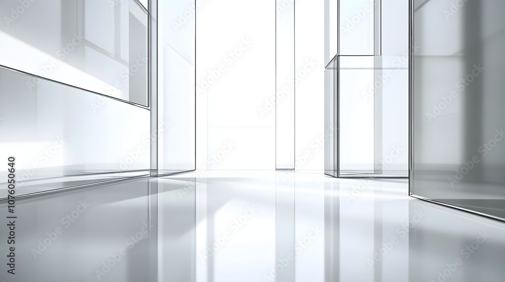 Poster 22. a high-tech 3d showcase with dynamic shapes and reflective surfaces, leaving a clear empty space