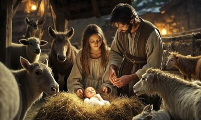 Nativity Scene with Holy Family and Animals - Powered by Adobe
