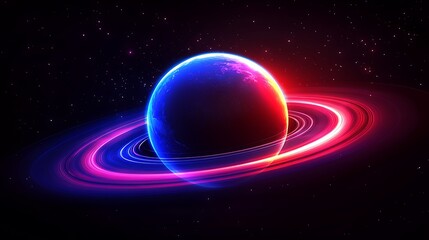 A glowing blue and red planet with rings in a dark space background.