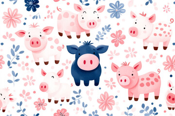 Cute cartoon farm animals surrounded by colorful flowers and whimsical designs.