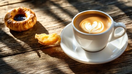 A cozy scene featuring a cup of coffee with latte art, a pastry, and warm lighting.