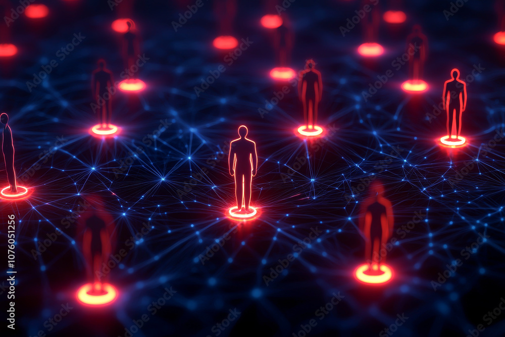 Poster digital network of human figures connected by glowing lines and nodes.