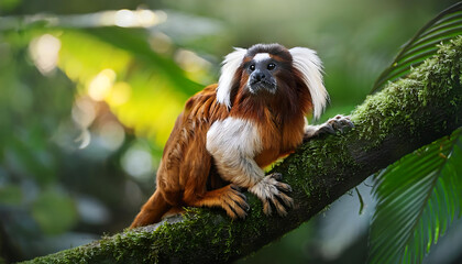 Naklejka premium Tamarin monkey perched on a branch in a vibrant tropical rainforest