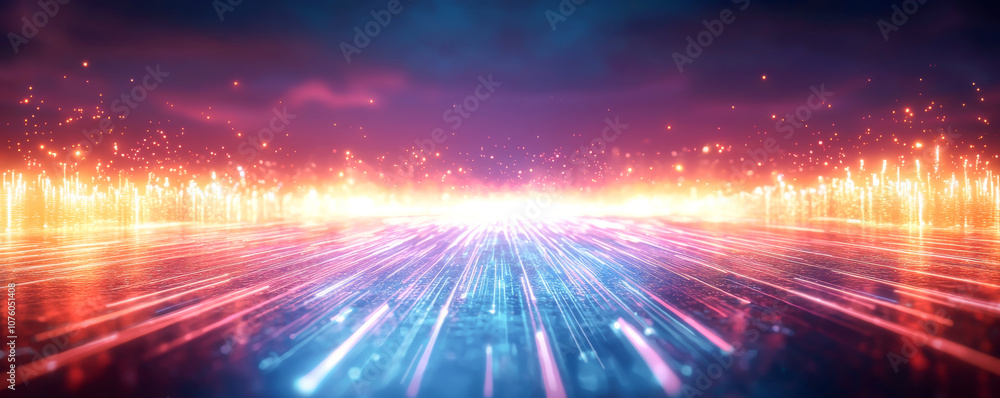 Poster dynamic neon light effect creating a vibrant digital landscape with glowing lines.