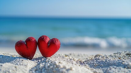 Obraz premium Two Red Hearts on a White Sandy Beach