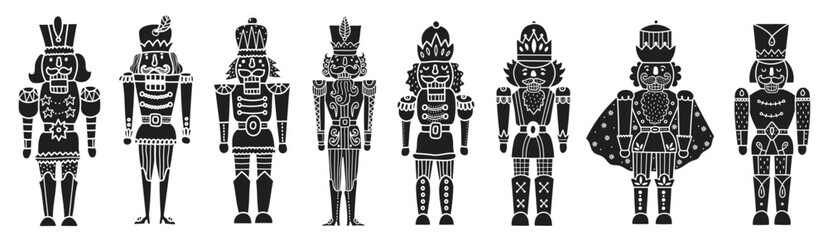 Nutcracker silhouette set. Collection of minimalistic icons for site. Toy or mascot for children. Stickers for social networks and messengers. Flat vector illustrations isolated on white background