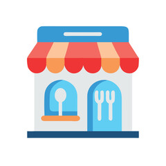 Restaurant storefront icon with red awning, Vector illustration of a restaurant storefront featuring a red and pink awning, with window decor showing a spoon and fork, symbolizing a food establishment