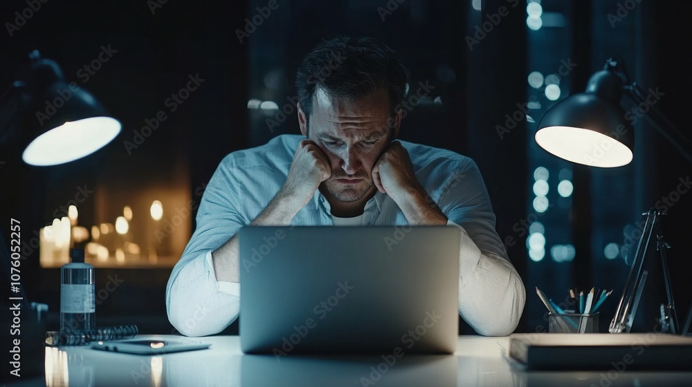 Aufkleber a man is sitting at a desk with a laptop open in front of him