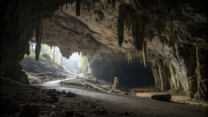 Obraz premium Dark and foreboding cave entrance with stalactites and stalagmites, underground setting, eerie atmosphere
