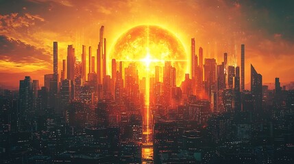 Futuristic Glowing Metropolis Powered by Pulsing Solar Energy of the Future City