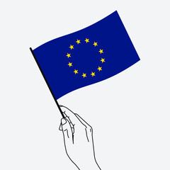 Hand holding Europe flag in line art drawing style. Europe hand Flag waving. Vector illustration