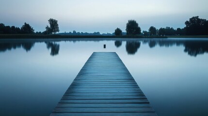 Fototapeta premium A serene wooden pier extends into a calm lake, reflecting the tranquil surroundings at dusk.