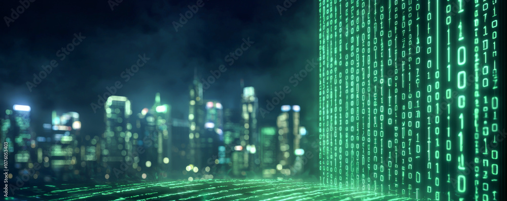 Poster futuristic city skyline with green binary code on a digital screen at night.