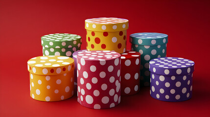 Polka Dot Gift Boxes: A vibrant collection of colorful polka dot gift boxes arranged in a pyramid shape against a bold red background.