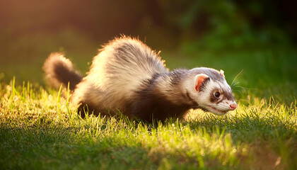 Ferret Playfully Exploring a Sunlit Grassy Backyard