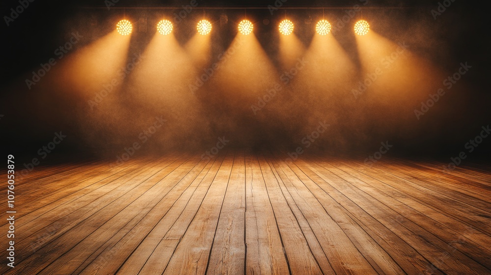 Poster dramatic stage lighting with warm spotlights illuminating a wooden floor in an empty performance spa