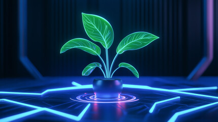 Futuristic plant in a glowing pot with neon blue outline, symbolizing growth and technology.