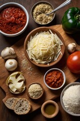 Fototapeta premium Italian cuisine ingredients on wooden surface: cheese, tomatoes, herbs