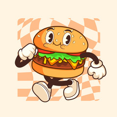 STROLLING BURGER VINTAGE MASCOT CHARACTER ILLUSTRATION