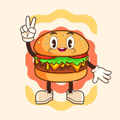 PEACE BURGER VINTAGE MASCOT CHARACTER ILLUSTRATION