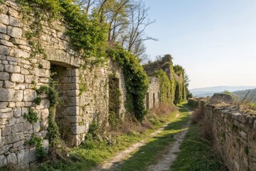 Obraz premium Crumbling stone walls with vines and moss, rugged terrain, overgrowth, crumbling stone, erosion, weathered