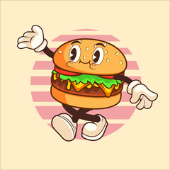 BURGER VINTAGE MASCOT CHARACTER WALKING ILLUSTRATION