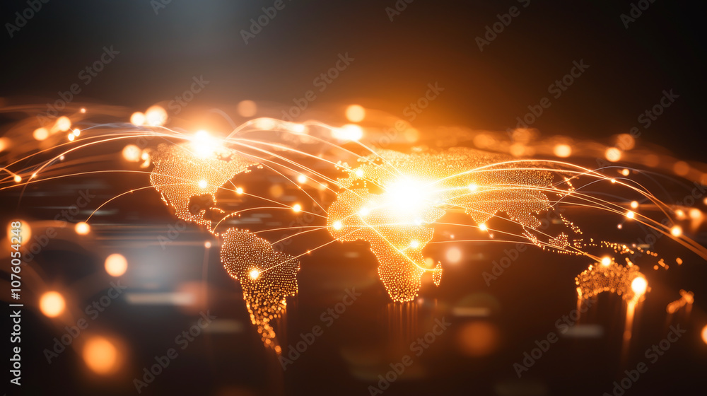 Poster global connectivity with glowing network lines illustrating data transfer and communication.