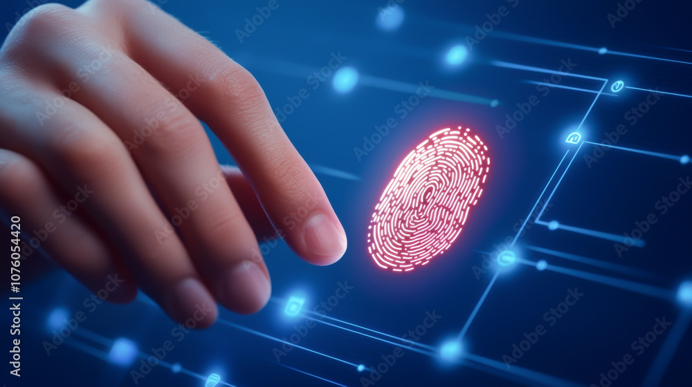 Poster hand interacting with a digital fingerprint on a futuristic interface.