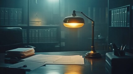 A dimly lit desk with a lamp, papers, and office supplies in a vintage setting.